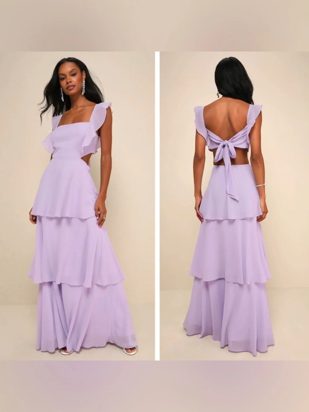 maxi dresses size small "Jazzlyn" Waist-Smocked Tie-Front Tiered Maxi Dress ( White )